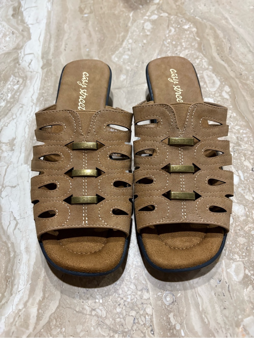 easy street Tan Suede-Look Slide Mules with Gold Accents